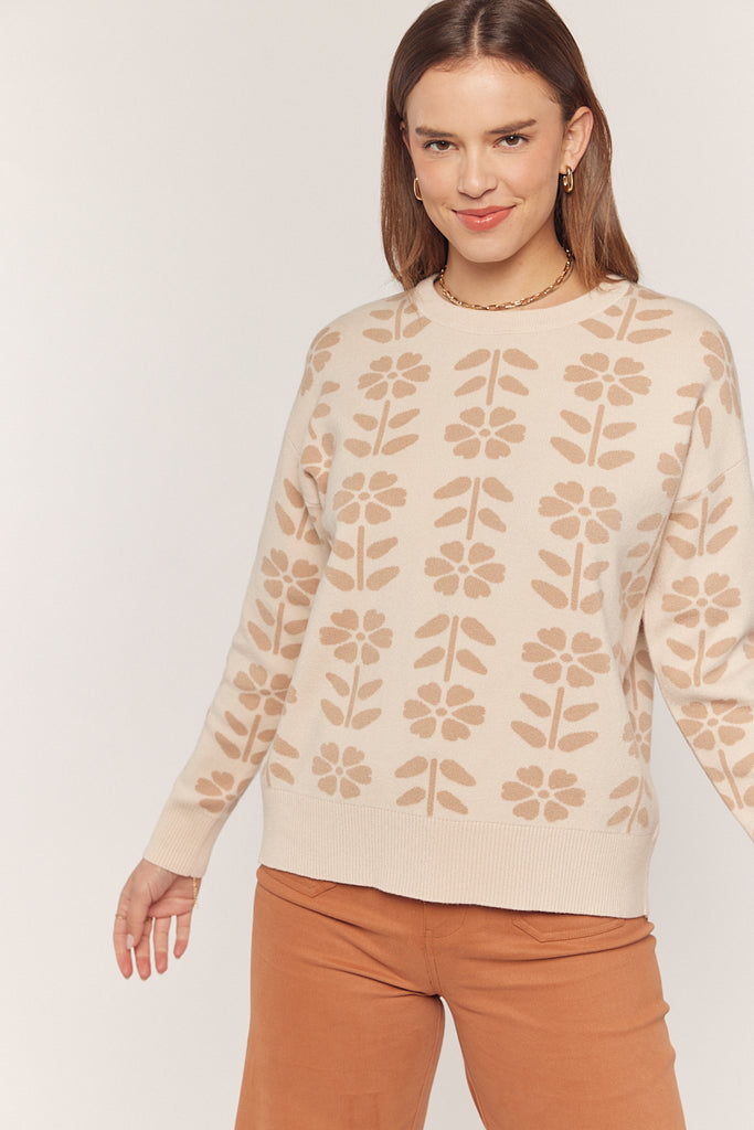 The Doreen Floral Jacquard Sweater in Oatmeal/Taupe