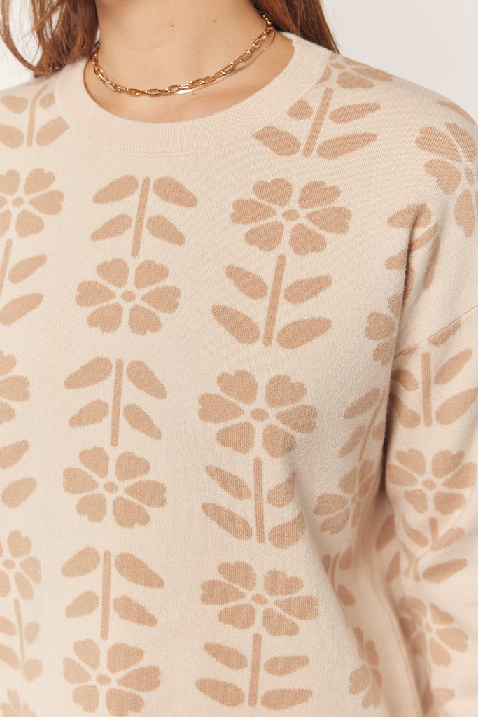 The Doreen Floral Jacquard Sweater in Oatmeal/Taupe