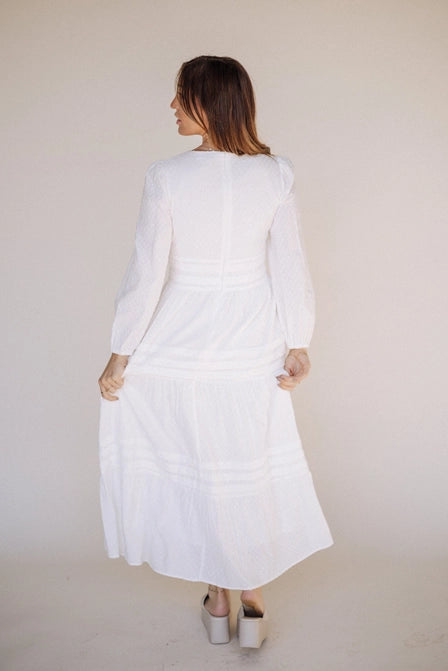 The Juniper Swiss Dot Temple Dress in Creamy White