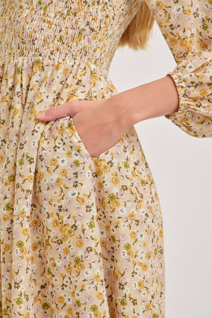 The Kate Smocked Floral Maxi Dress in Lavender/Yellow