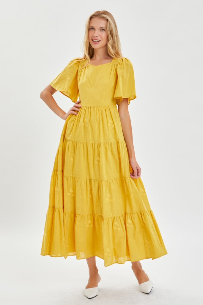 The Monica Embroidered Dress in Yellow