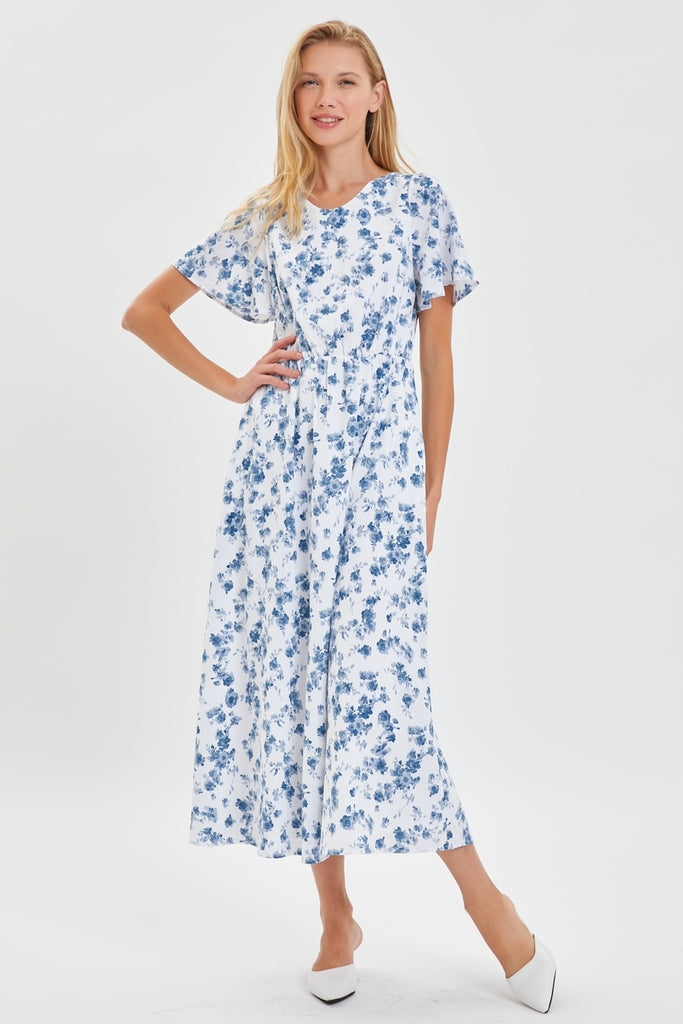 The Steph Flutter Sleeve Maxi Dress in Ivory/Blue