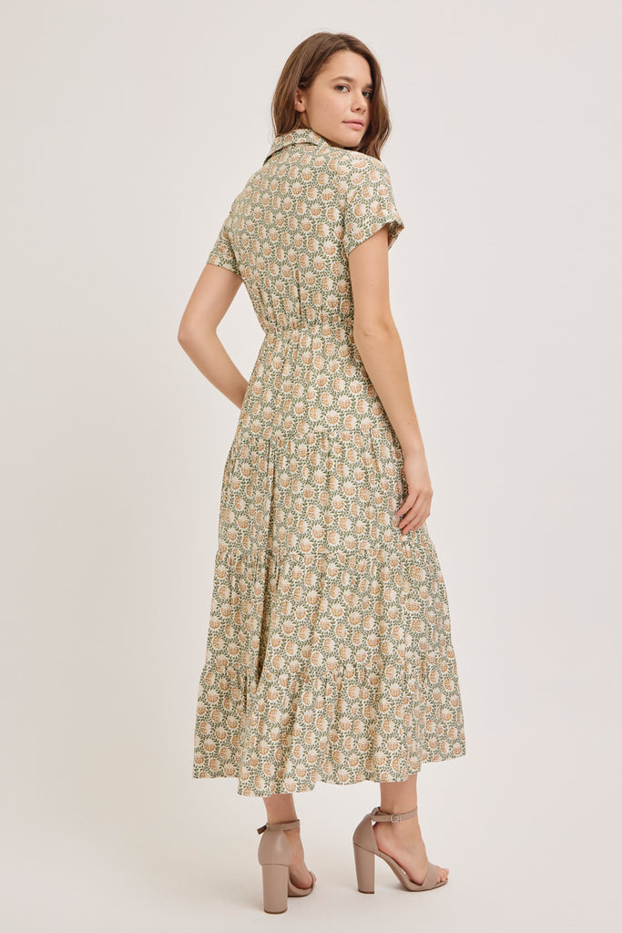 The Goldie Button Down Tiered Maxi Dress in Ivory/Green