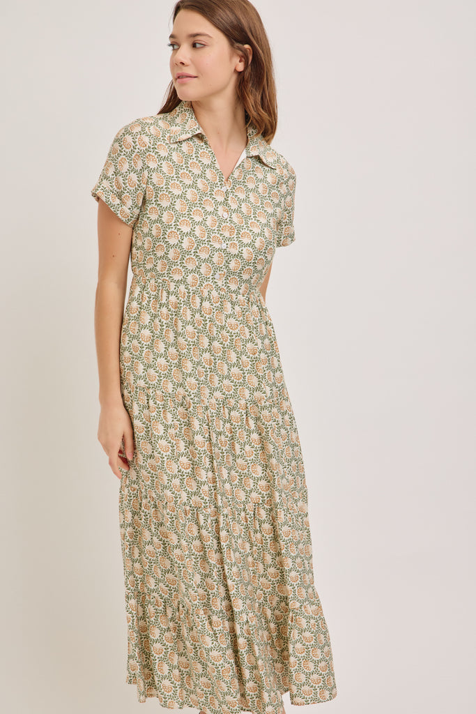 The Goldie Button Down Tiered Maxi Dress in Ivory/Green