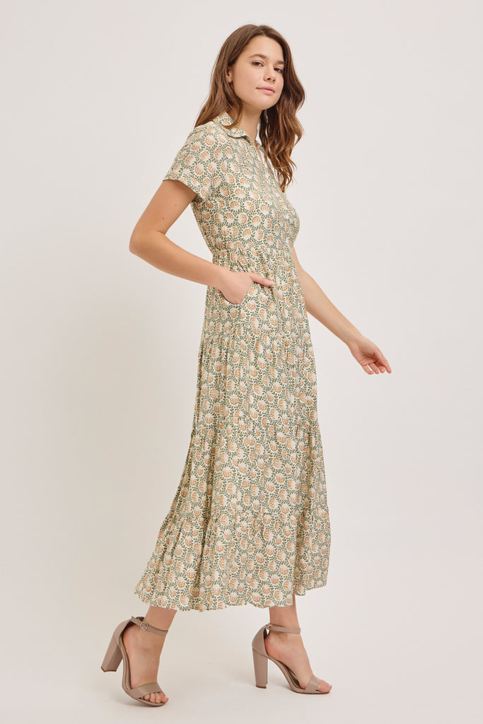 The Goldie Button Down Tiered Maxi Dress in Ivory/Green