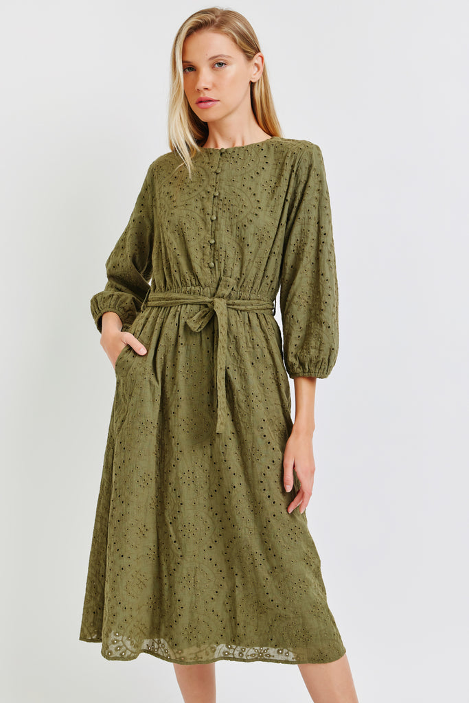 The Sloane Embroidered Midi Dress in Olive