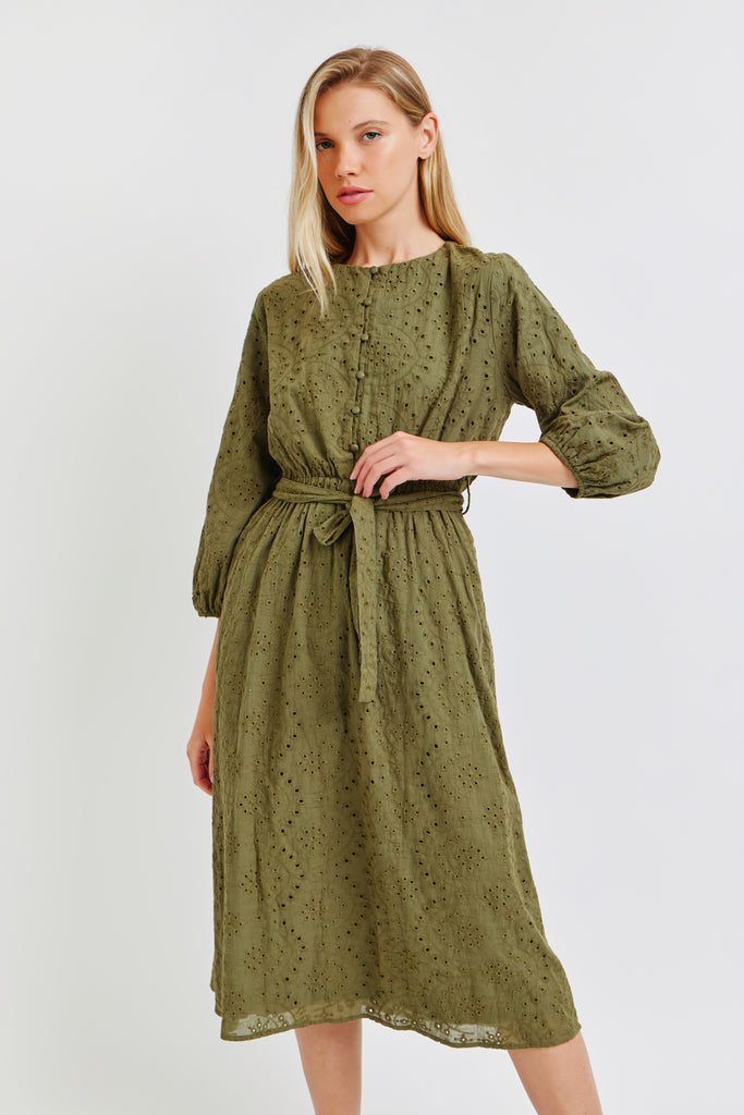 The Sloane Embroidered Midi Dress in Olive