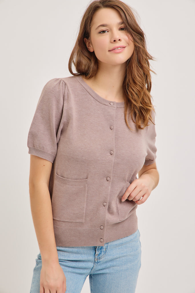 The Ariel Short Sleeve Cardigan in Mauve Grey