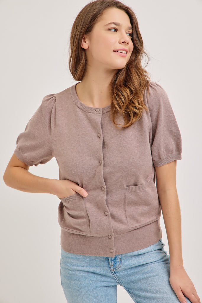 The Ariel Short Sleeve Cardigan in Mauve Grey