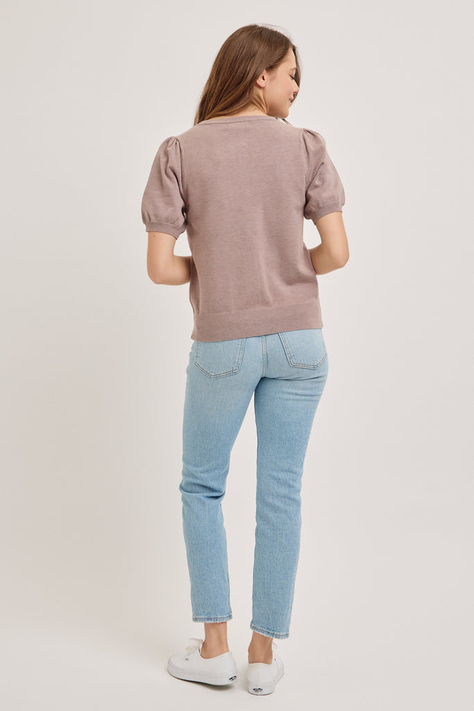 The Ariel Short Sleeve Cardigan in Mauve Grey