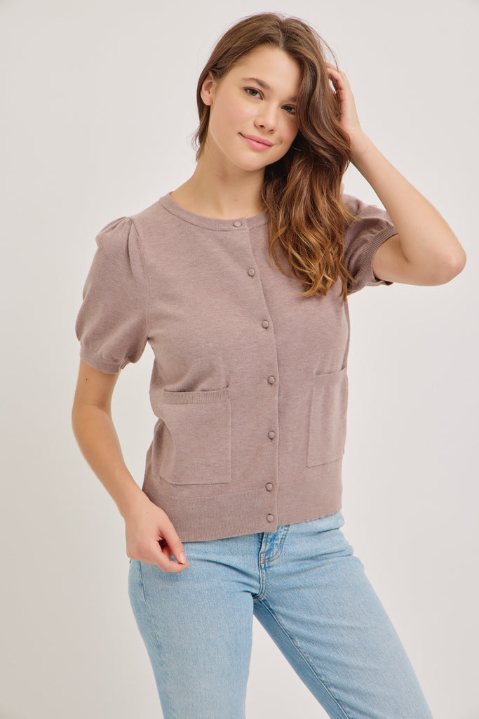 The Ariel Short Sleeve Cardigan in Mauve Grey