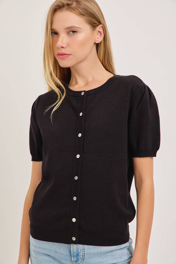 The Amanda Puff Sleeve Blouse Cardigan in Black