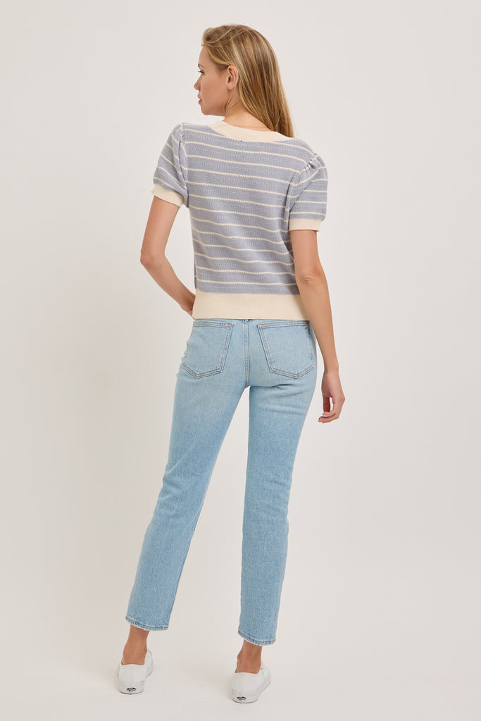 The Gloria Square Neck Stripe Top in Ivory/Blue