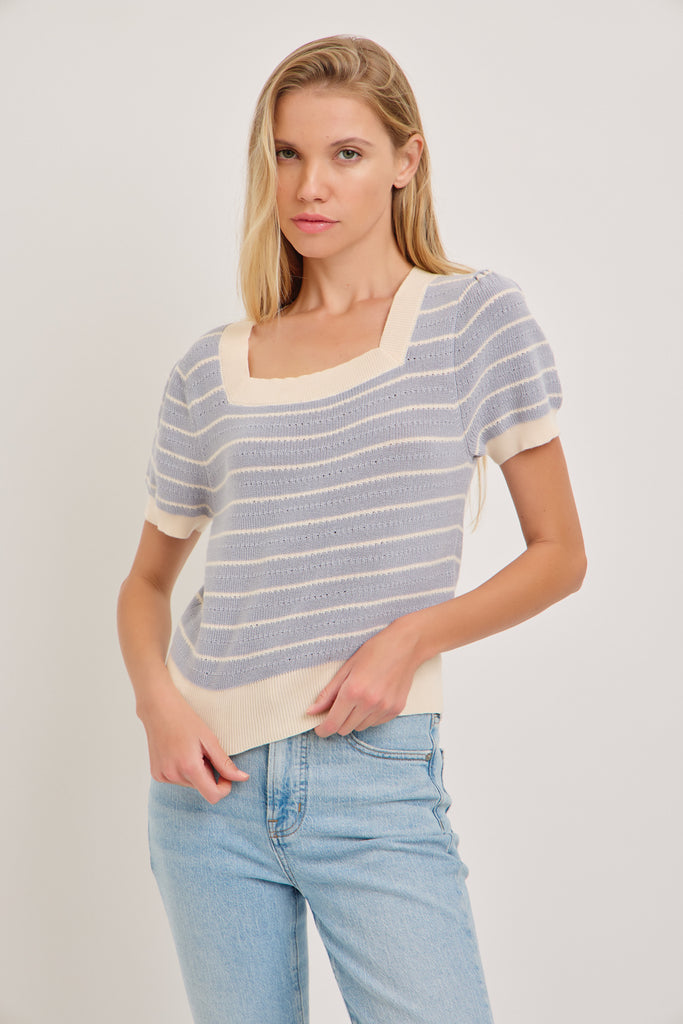 The Gloria Square Neck Stripe Top in Ivory/Blue