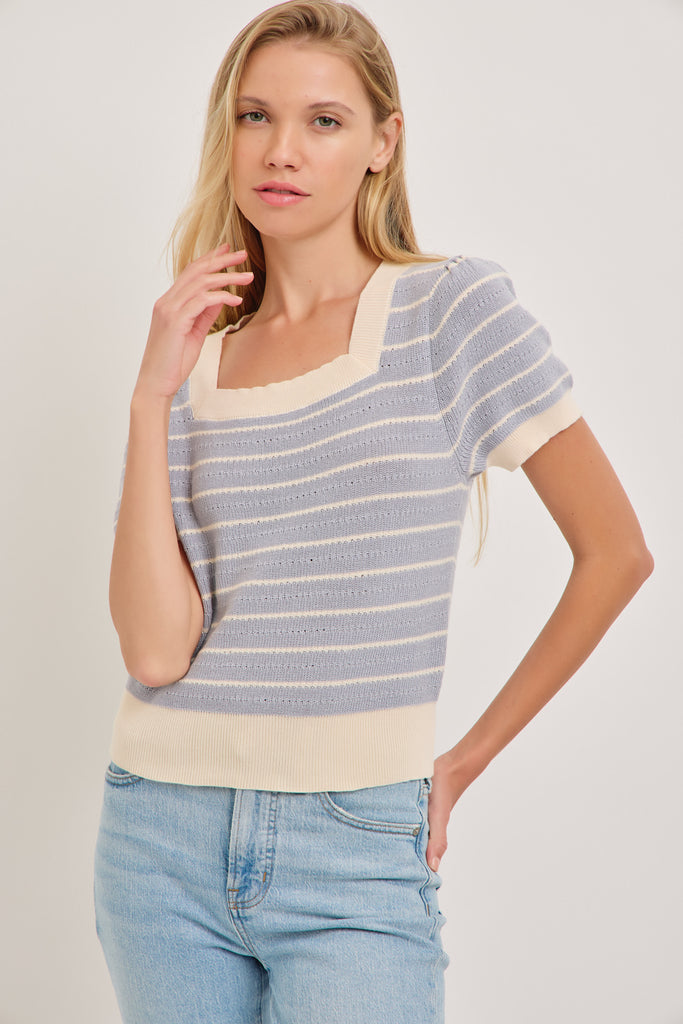 The Gloria Square Neck Stripe Top in Ivory/Blue