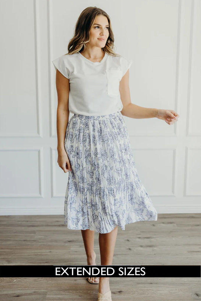 The Livy Pleated Midi Skirt in Periwinkle Stencil