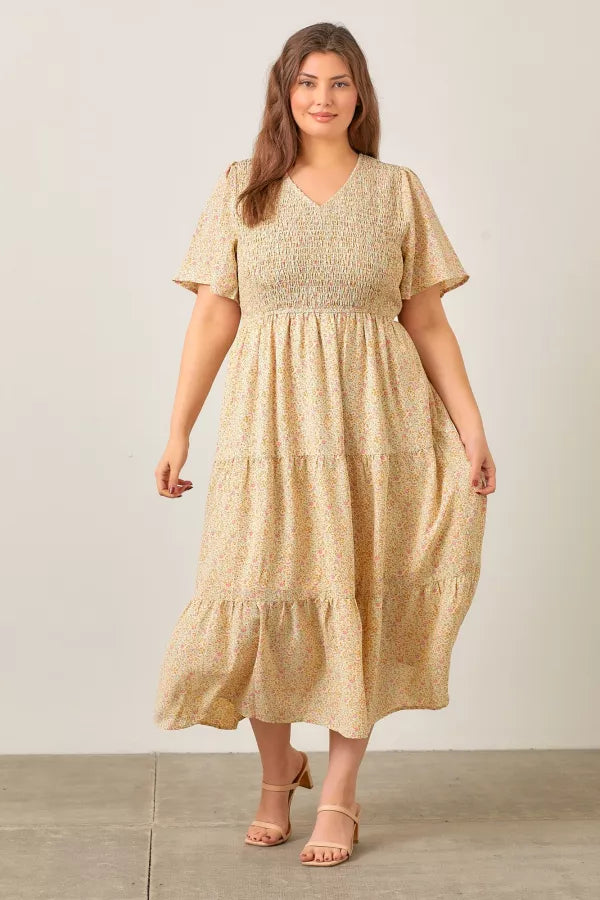 The Liz Smocked Midi Dress in Cream Multi