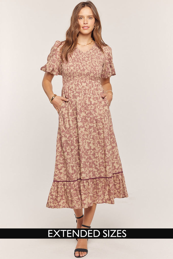 The Mira Floral Smocked Maxi Dress in Dusty Plum