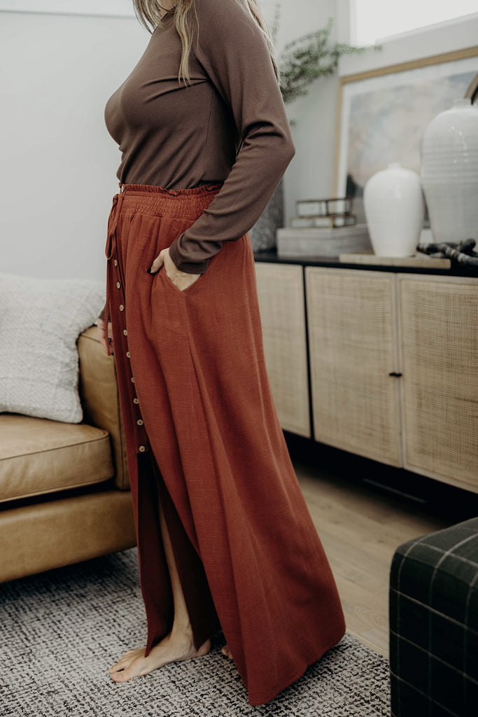Button Front Slit Maxi Skirt in Autumn Glaze