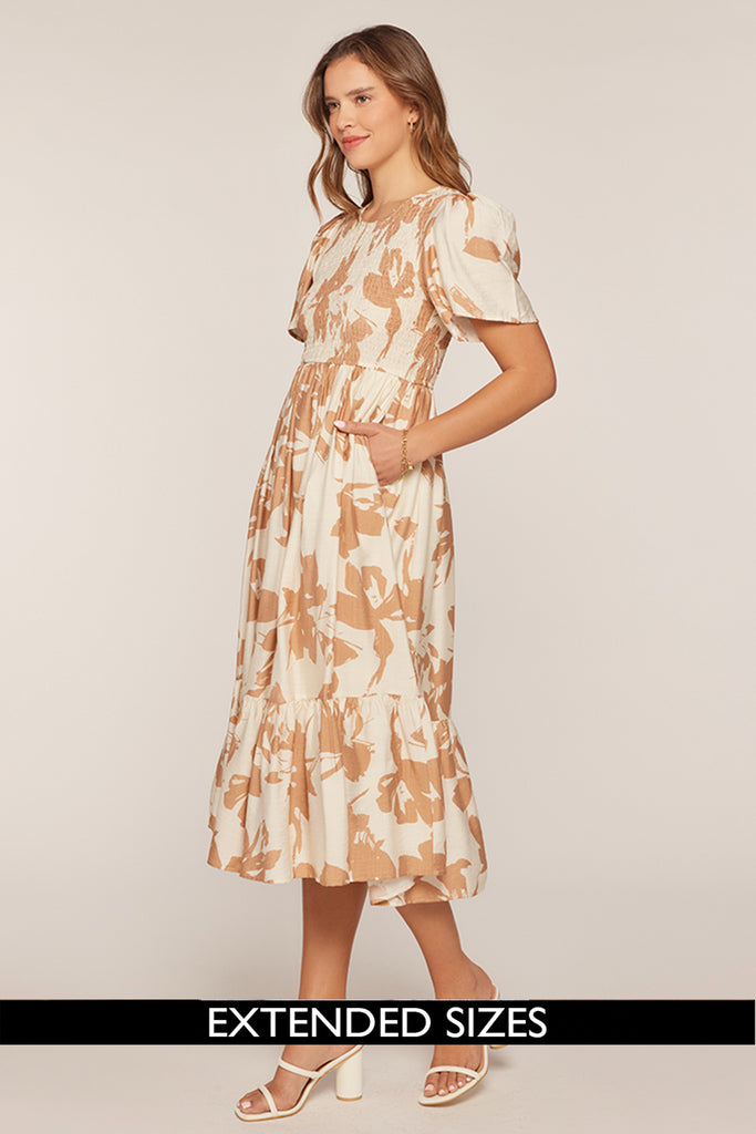 The Suzie Printed Smocked Top Dress in Ivory/Tan