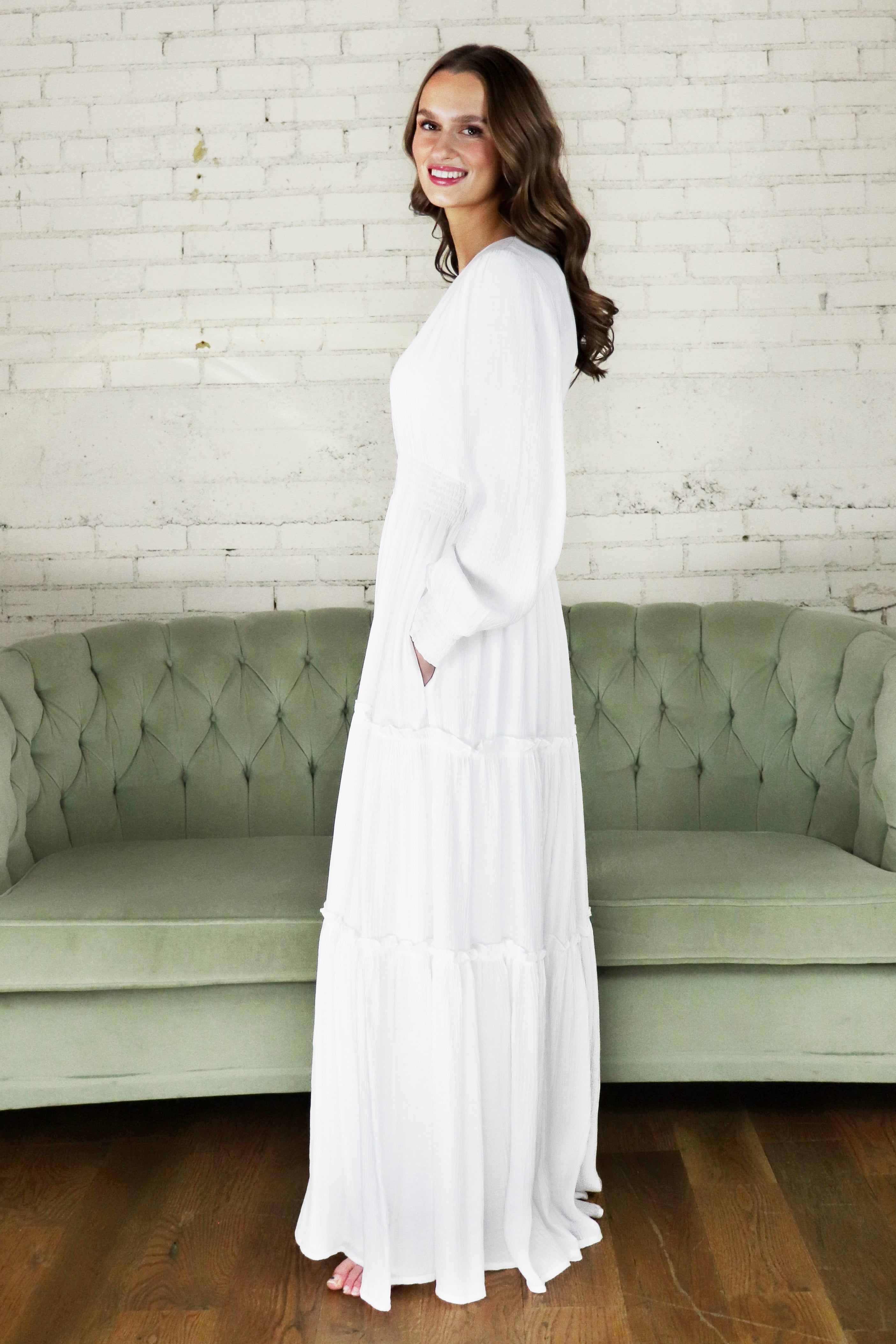 The Taylor Tiered Temple Dress in White