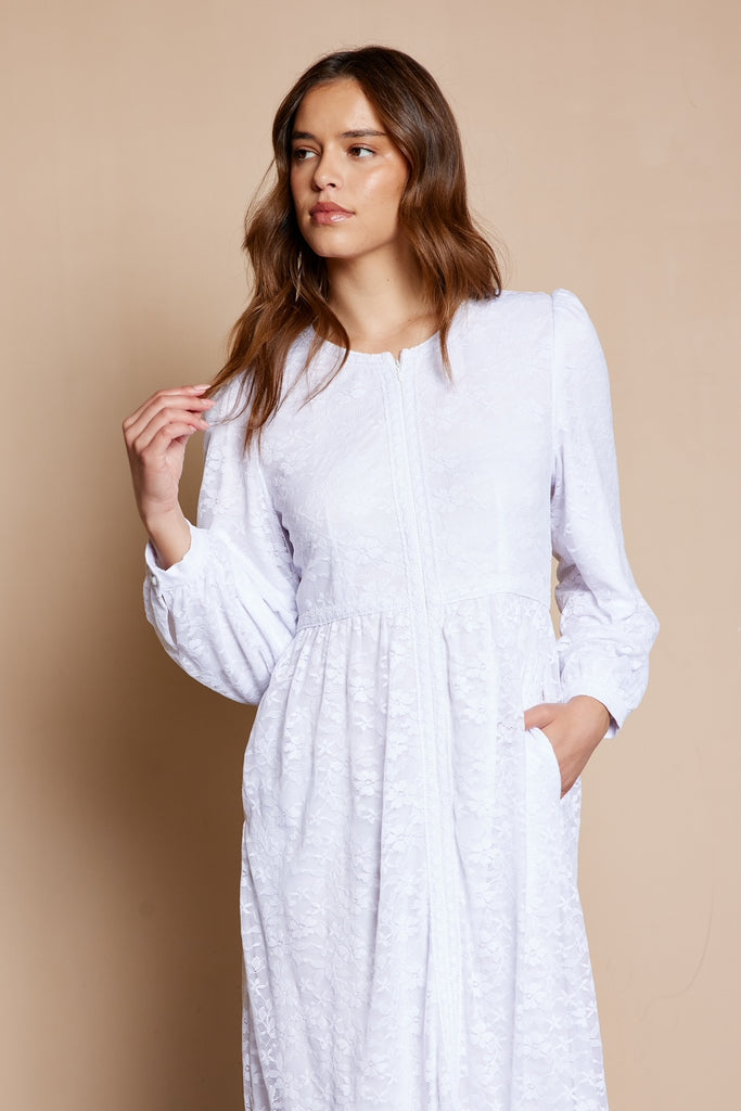 The Dahlia Lace Front Zip Temple Dress in White