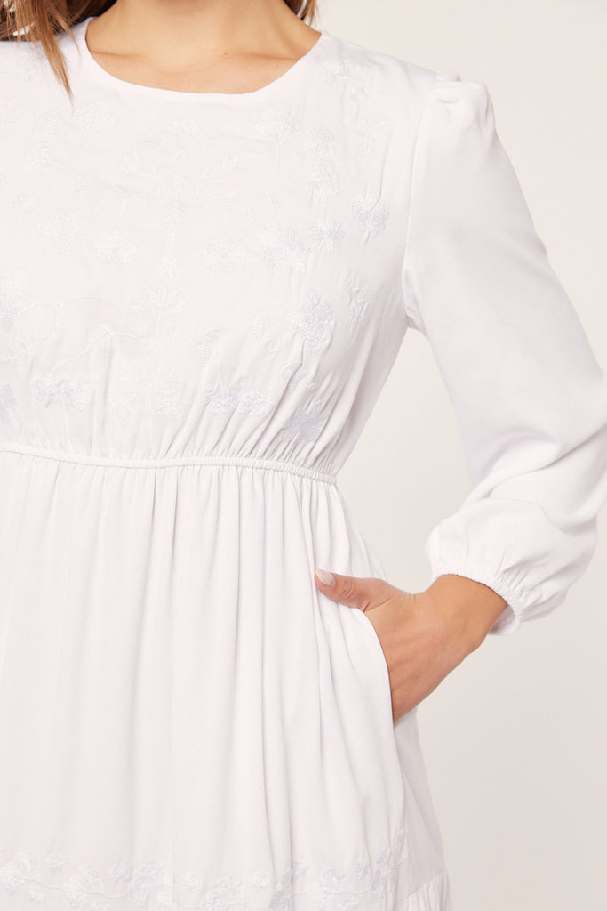 The Hazel Embroidered Temple Dress in White