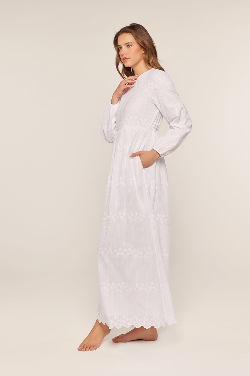 white cotton long dress Women's Modest Full Length Sleeve Special Occasion with Button Down Front Model is 56 and is wearing size XS/56. The Alison Embroidered Cotton Temple