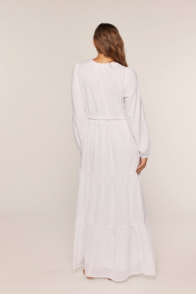 The Emery Waist Tie Button Up Temple Dress in White