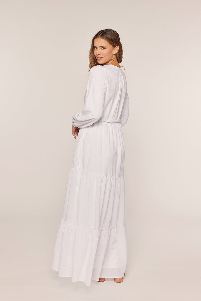 The Emery Waist Tie Button Up Temple Dress in White