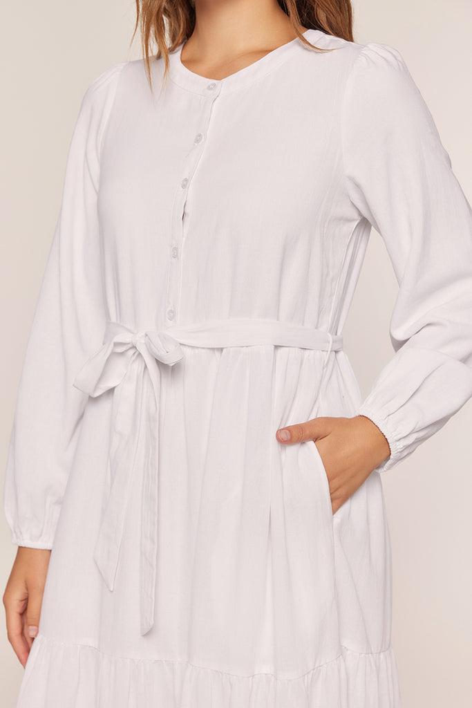 The Emery Waist Tie Button Up Temple Dress in White