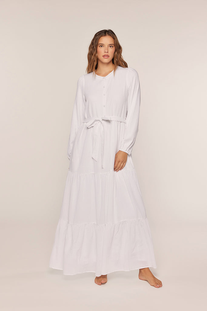 The Emery Waist Tie Button Up Temple Dress in White