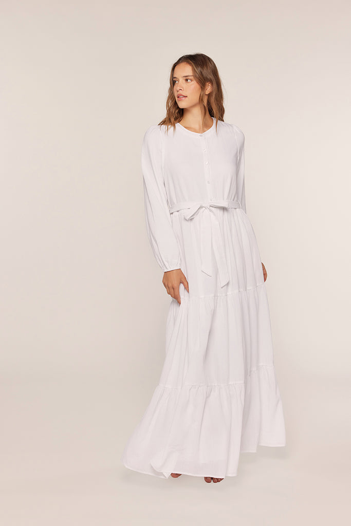 The Emery Waist Tie Button Up Temple Dress in White