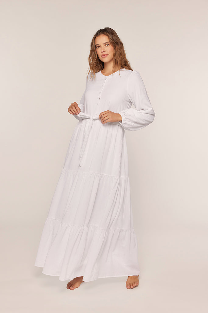 The Emery Waist Tie Button Up Temple Dress in White