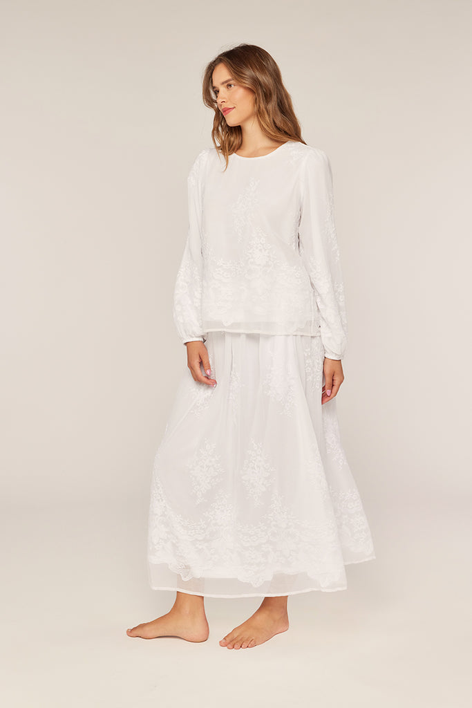 The Madison Embroidered Chiffon Temple Skirt in White