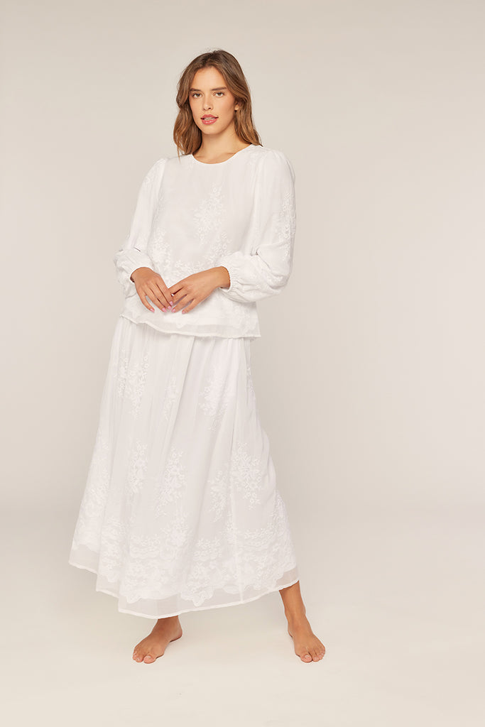 The Madison Embroidered Chiffon Temple Skirt in White