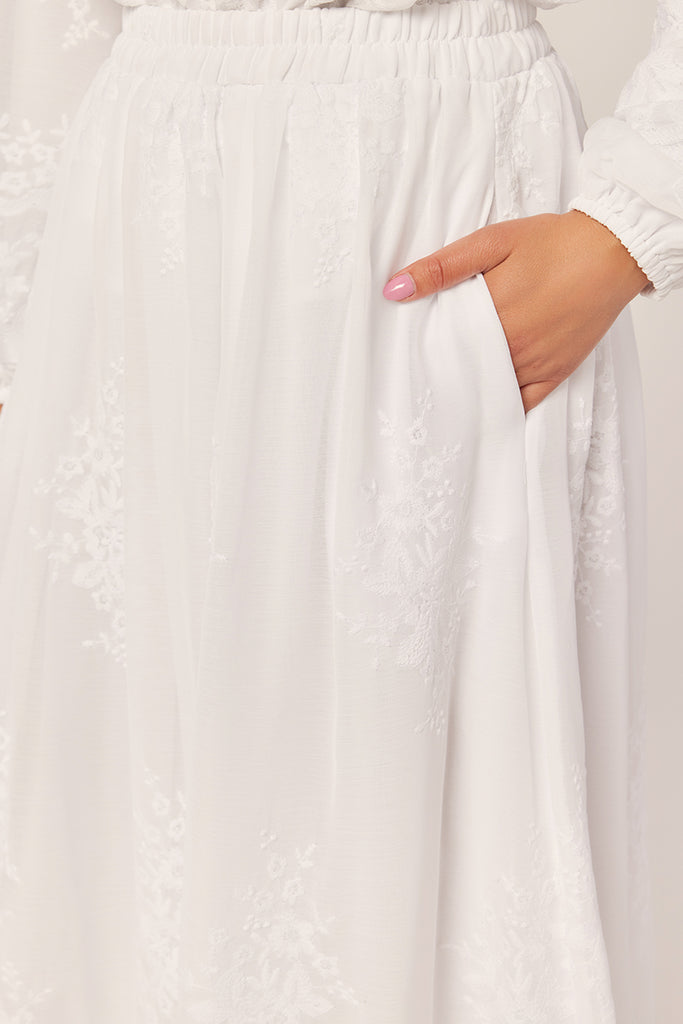 The Madison Embroidered Chiffon Temple Skirt in White