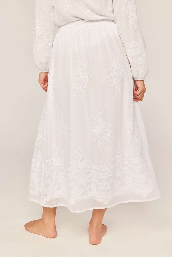 The Madison Embroidered Chiffon Temple Skirt in White