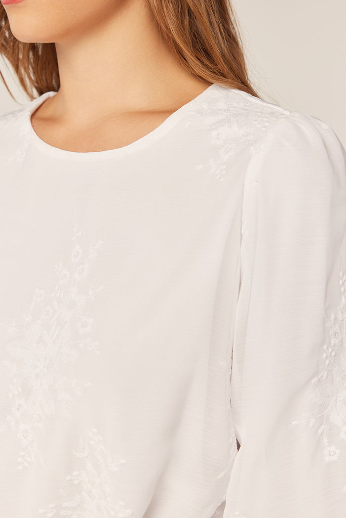The Madison Embroidered Chiffon Temple Top in White