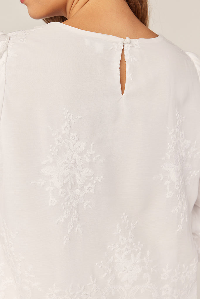 The Madison Embroidered Chiffon Temple Top in White