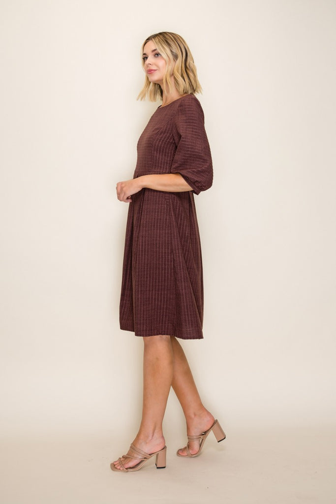 The Violet Pleated Midi Dress in Brown L
