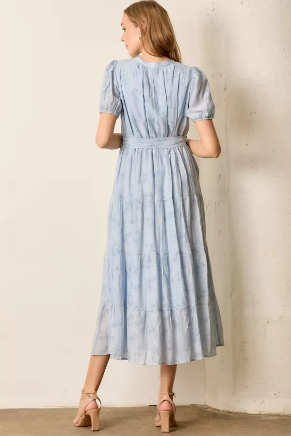 The Abby Button Front Tiered Midi Dress in Lt. Blue