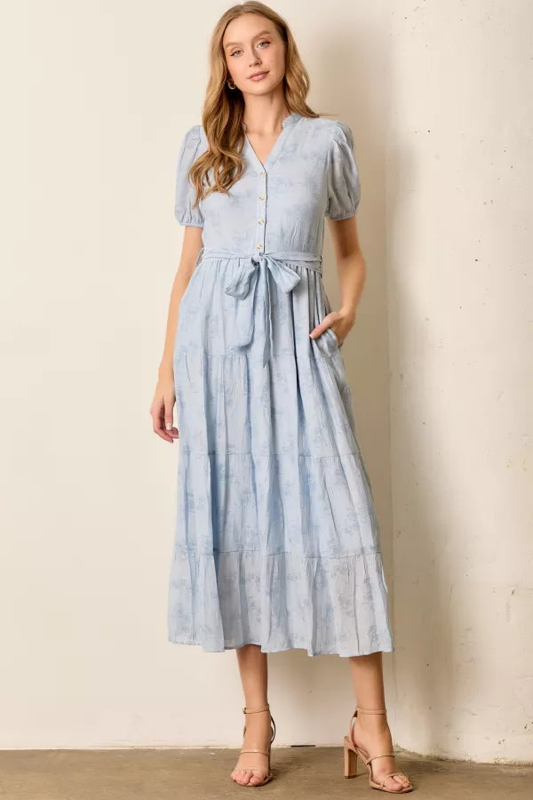 The Abby Button Front Tiered Midi Dress in Lt. Blue