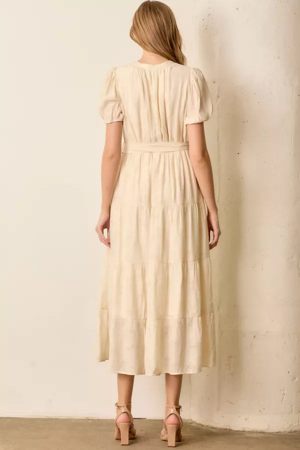 The Abby Button Front Tiered Midi Dress in Cream