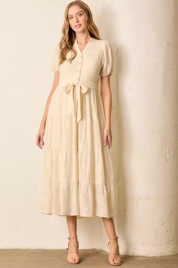 The Abby Button Front Tiered Midi Dress in Cream