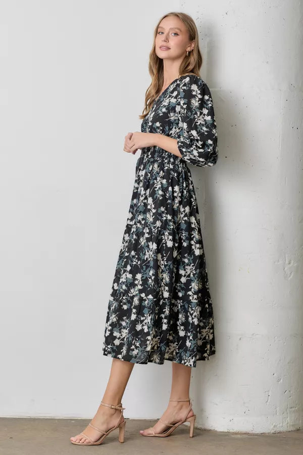 The Addie V-Neck Printed Maxi Dress in Black