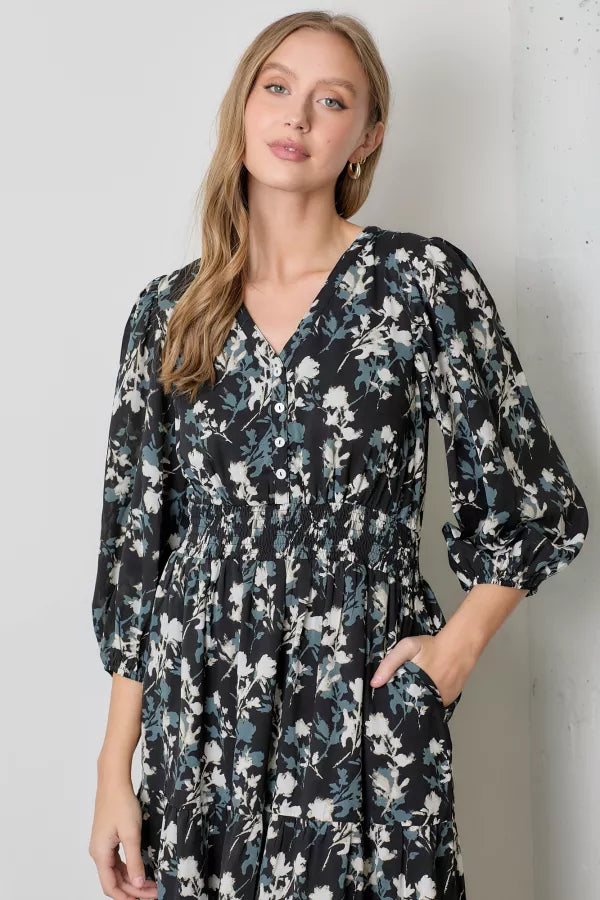 The Addie V-Neck Printed Maxi Dress in Black