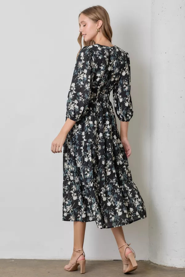 The Addie V-Neck Printed Maxi Dress in Black