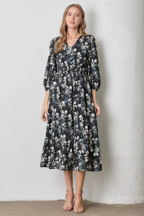 The Addie V-Neck Printed Maxi Dress in Black