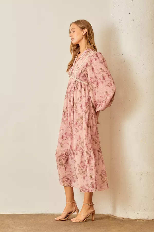 The Alice Lace Trim Midi Dress in Dusty Pink